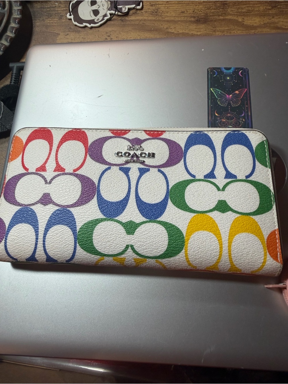 Coach Multicolor Signature Zip Wallet - White with Rainbow 'C' Pattern